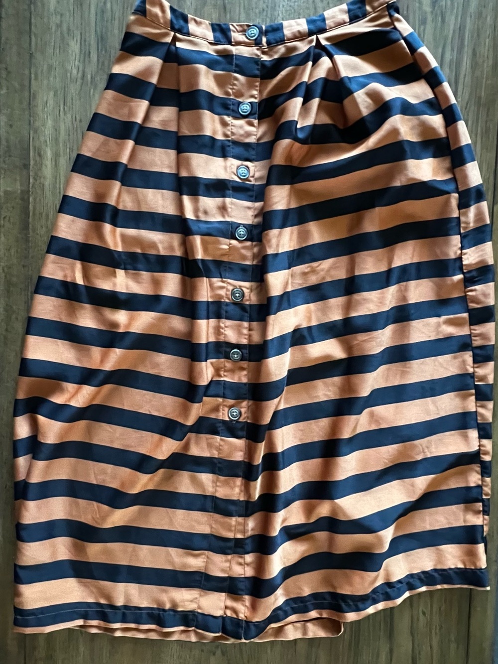 Striped Black and Copper Button-Front Midi Skirt